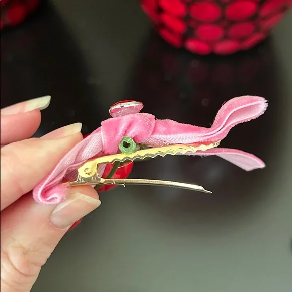 It Girl Pink Cherry Hair Clips with Velvet Ribbon Bow Set of 2 Barrettes New - Picture 4 of 9